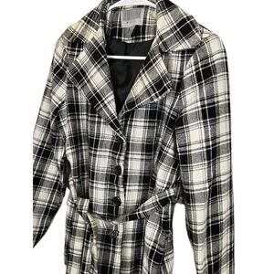 Miss Lili Womens Black White Plaid Waist Length Peacoat Tie Belt MED Wool Preppy